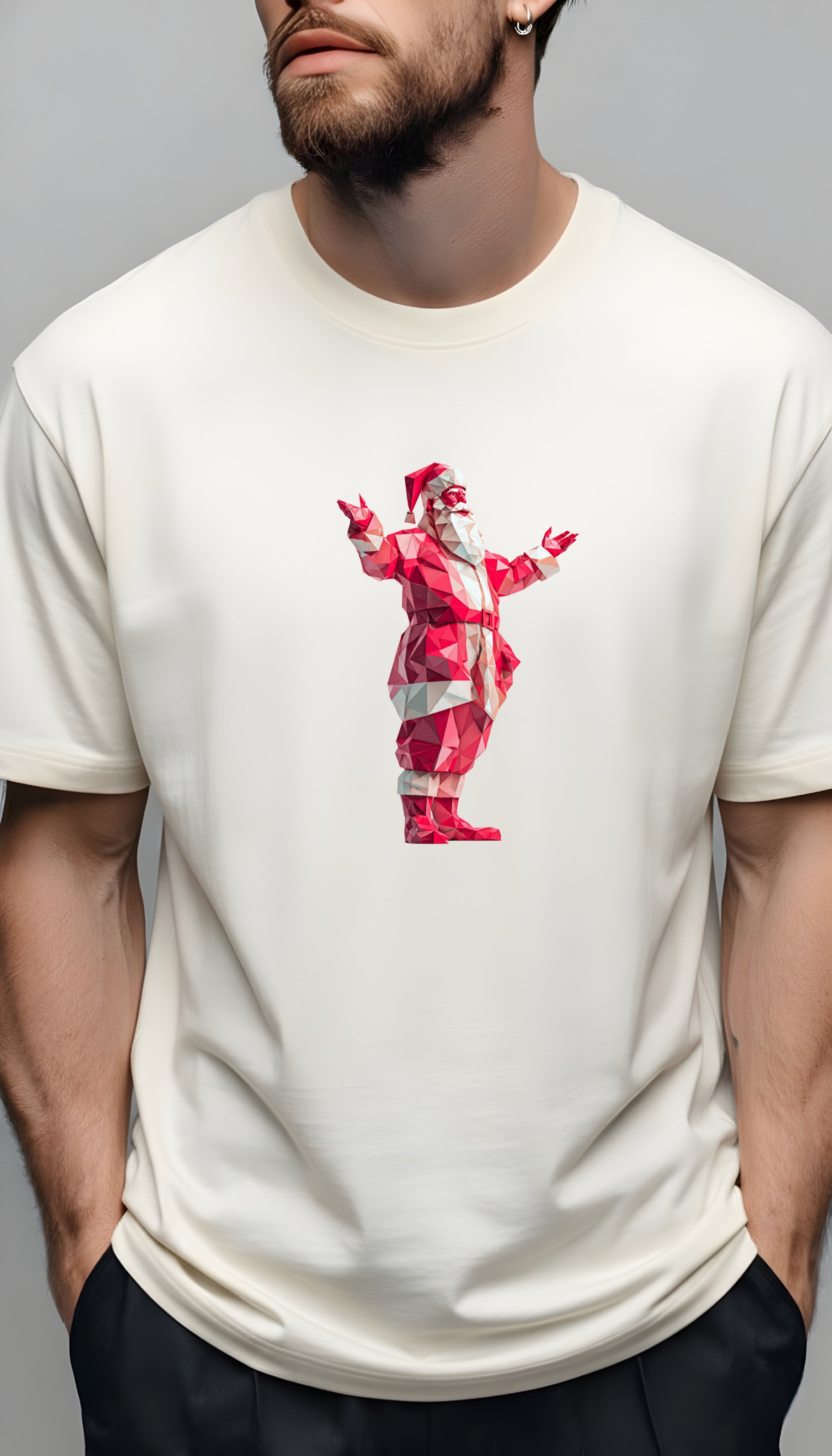 Low-Poly Santa Oversized T-Shirt | Premium Christmas Graphic Tee (DTF Print) – Pure White / Off-White