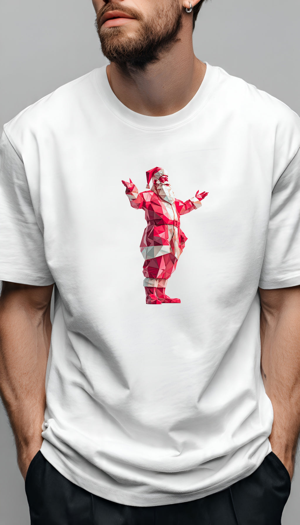 Low-Poly Santa Oversized T-Shirt | Premium Christmas Graphic Tee (DTF Print) – Pure White / Off-White