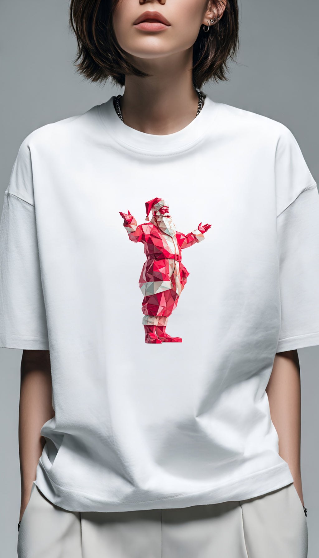 Low-Poly Santa Oversized T-Shirt | Premium Christmas Graphic Tee (DTF Print) – Pure White / Off-White