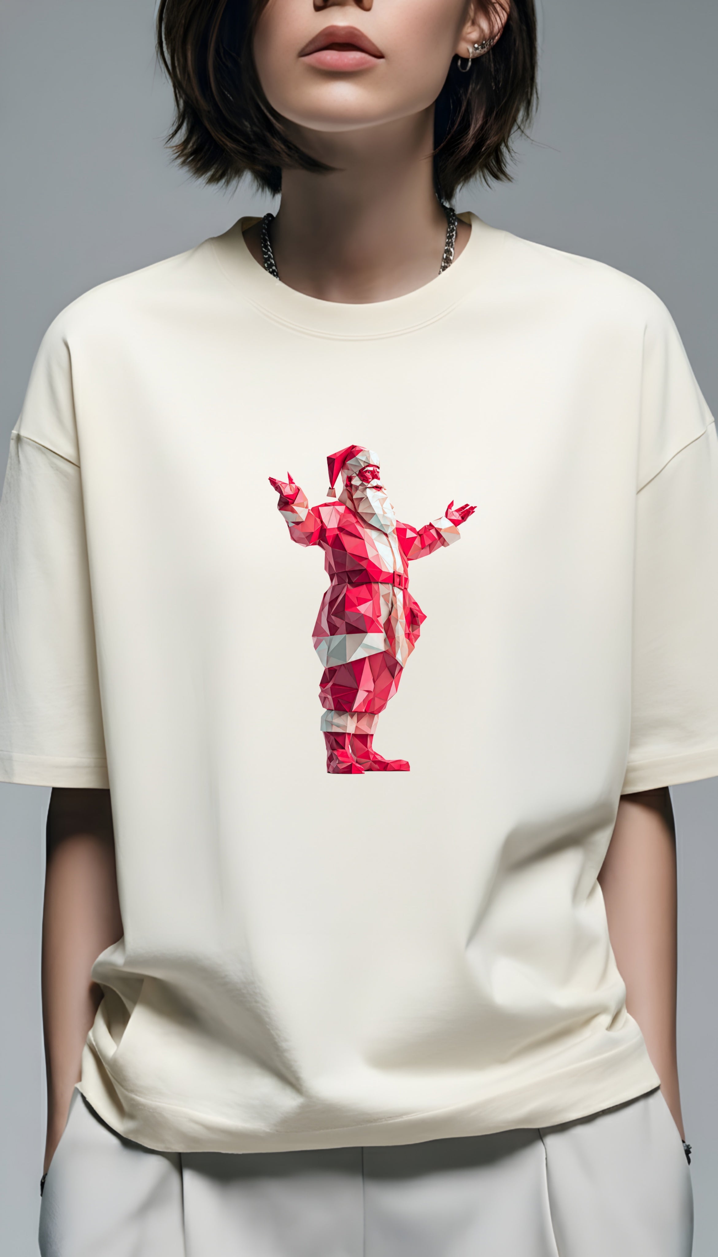 Low-Poly Santa Oversized T-Shirt | Premium Christmas Graphic Tee (DTF Print) – Pure White / Off-White