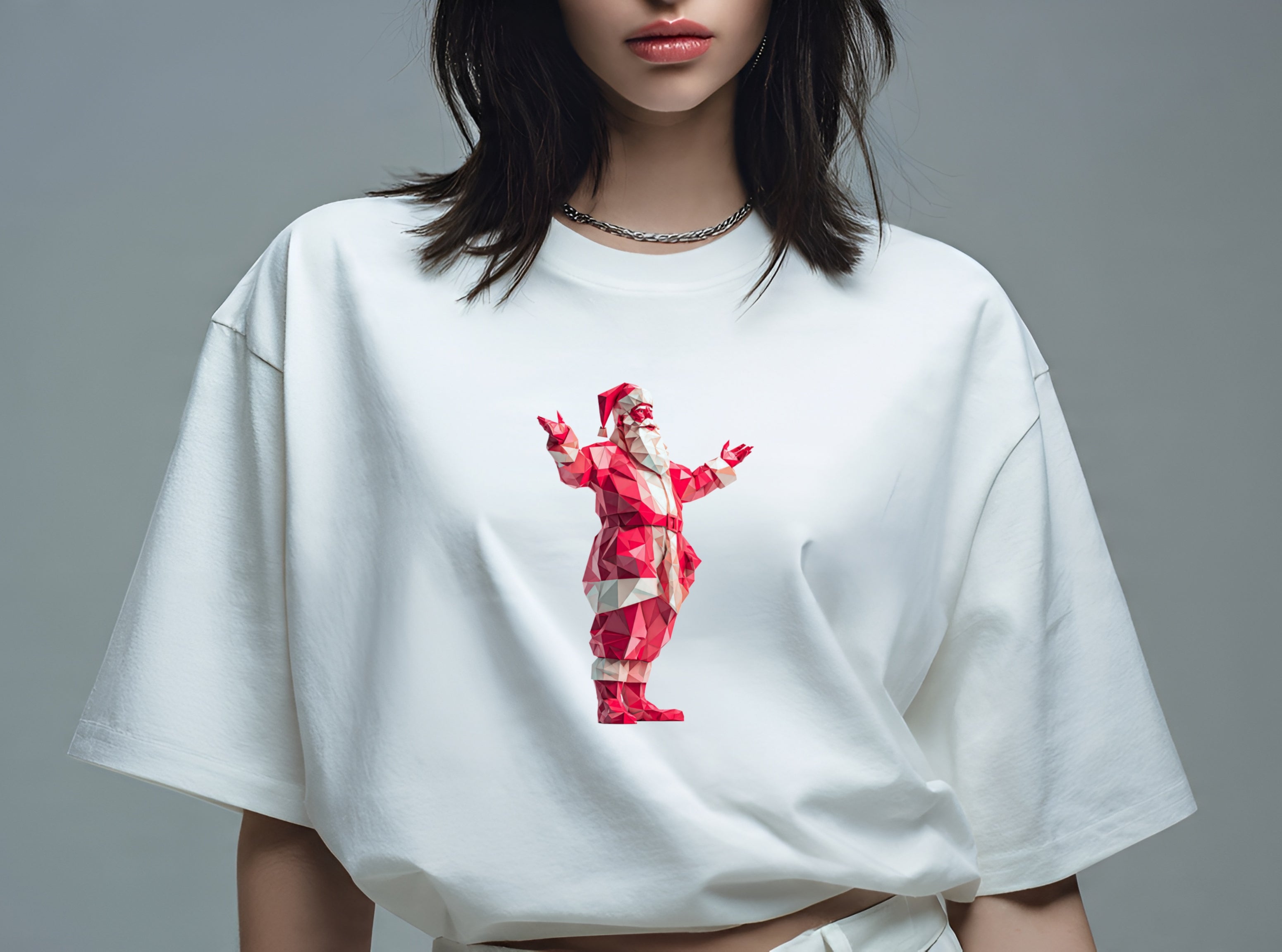 Low-Poly Santa Oversized T-Shirt | Premium Christmas Graphic Tee (DTF Print) – Pure White / Off-White