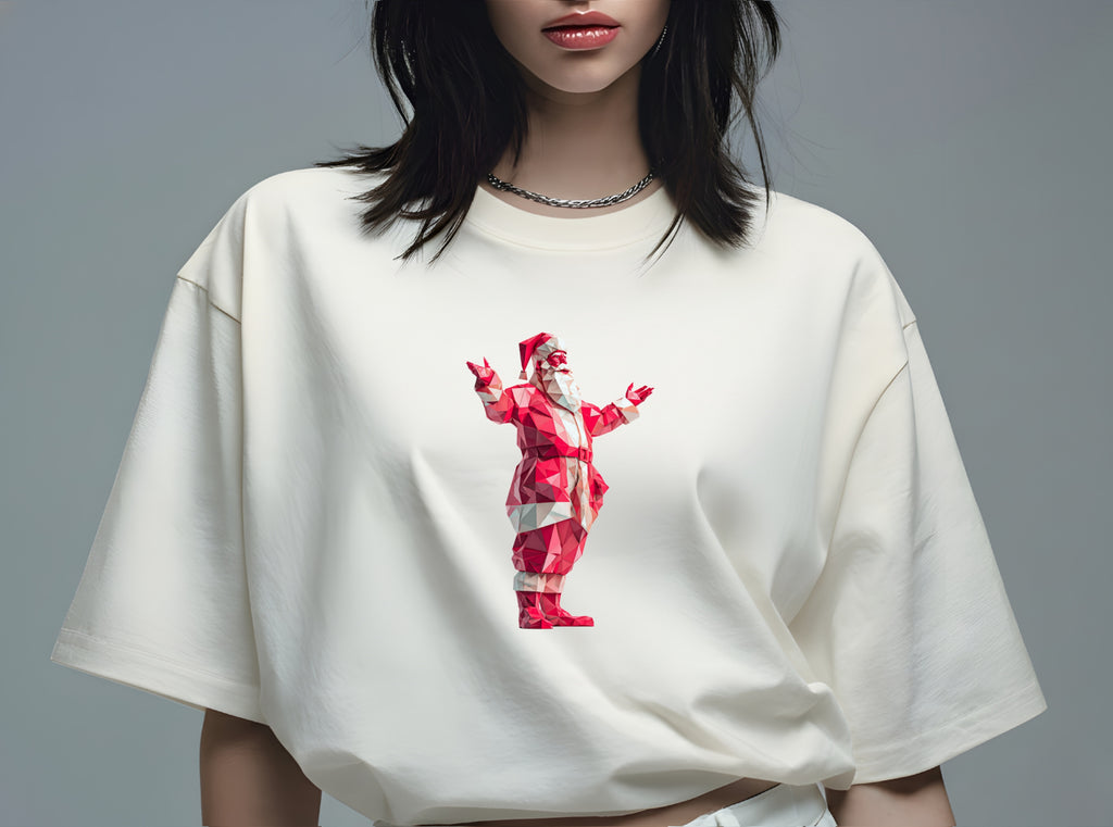 Low-Poly Santa Oversized T-Shirt | Premium Christmas Graphic Tee (DTF Print) – Pure White / Off-White